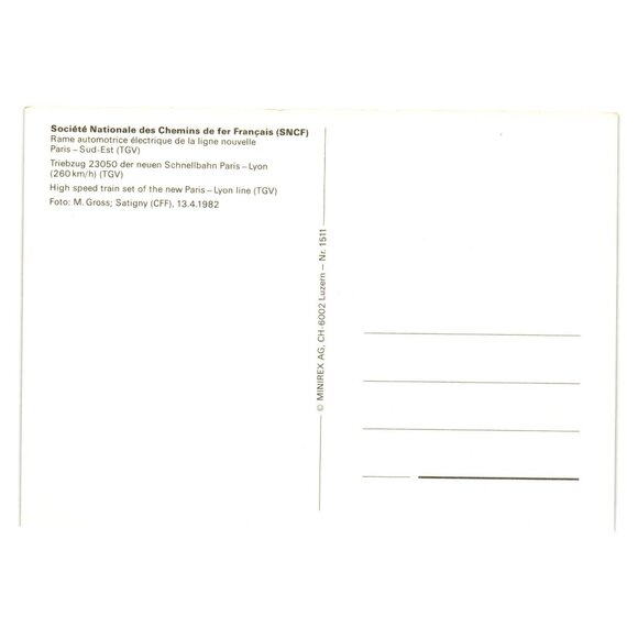 High Speed Train TGV Paris Lyon SNCF Vintage Postcard 1982 Minirex Switzerland - Picture 2 of 2